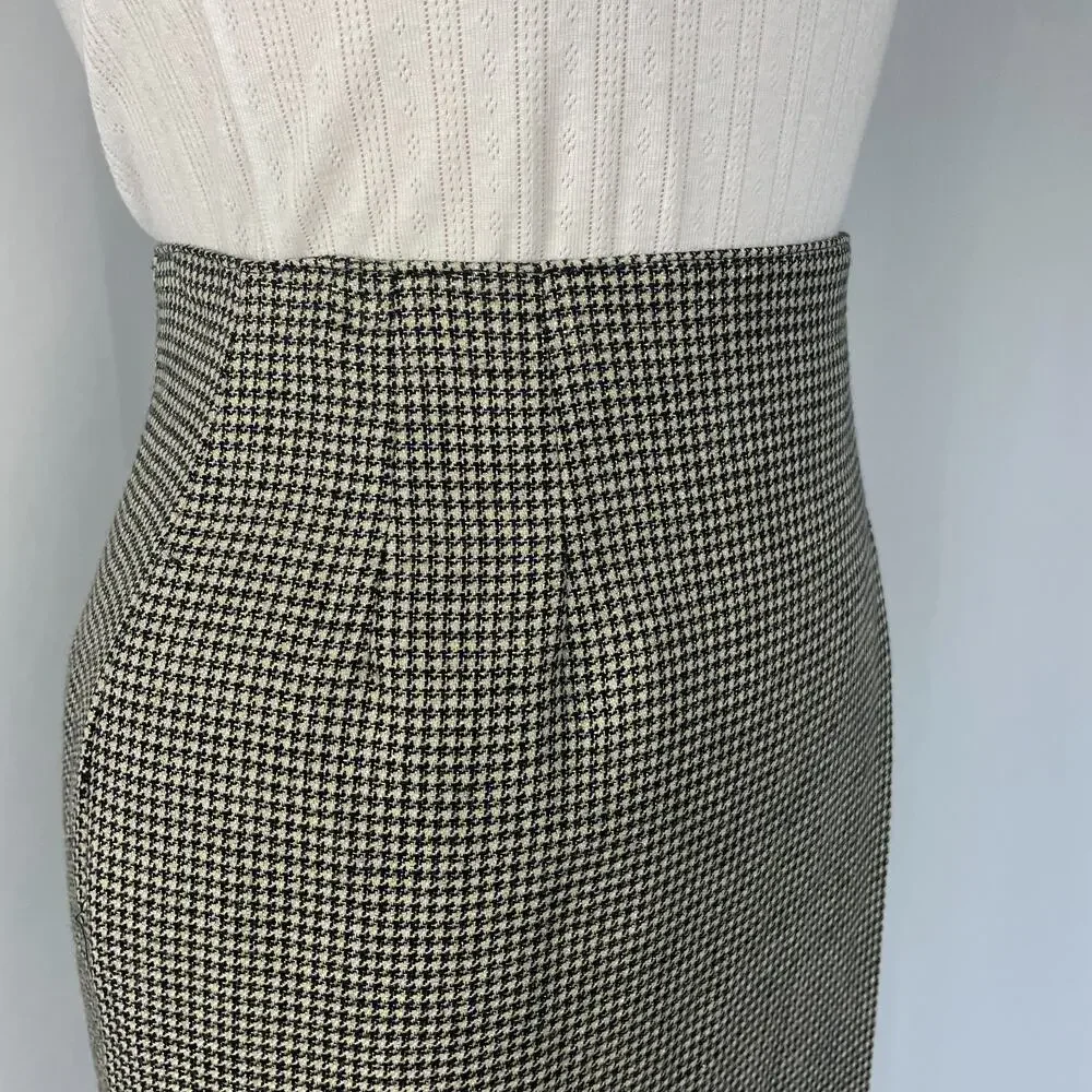 Vintage Talbots Pencil Skirt Size 6 Petite Black Gold Houndstooth Academia 90s